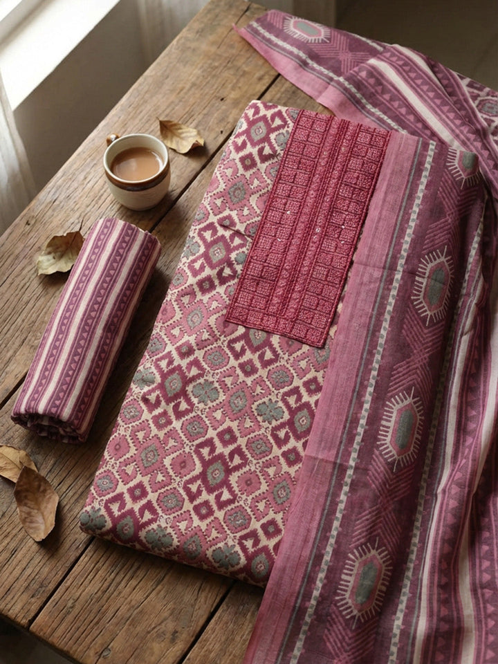 Printed Cotton Blend Unstitched Suit With Pant &amp; Dupatta