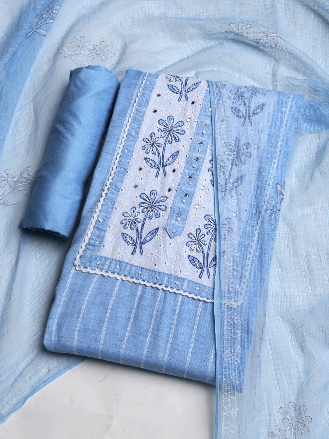Patch Neck Cotton Blend Unstitched Suit With Dupatta