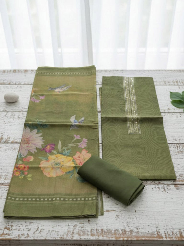 Printed Cotton Blend Unstitched Suit With Pant &amp; Dupatta