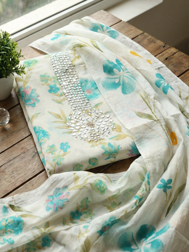 Embroidered Cotton Blend Unstitched Suit With Pant &amp; Dupatta