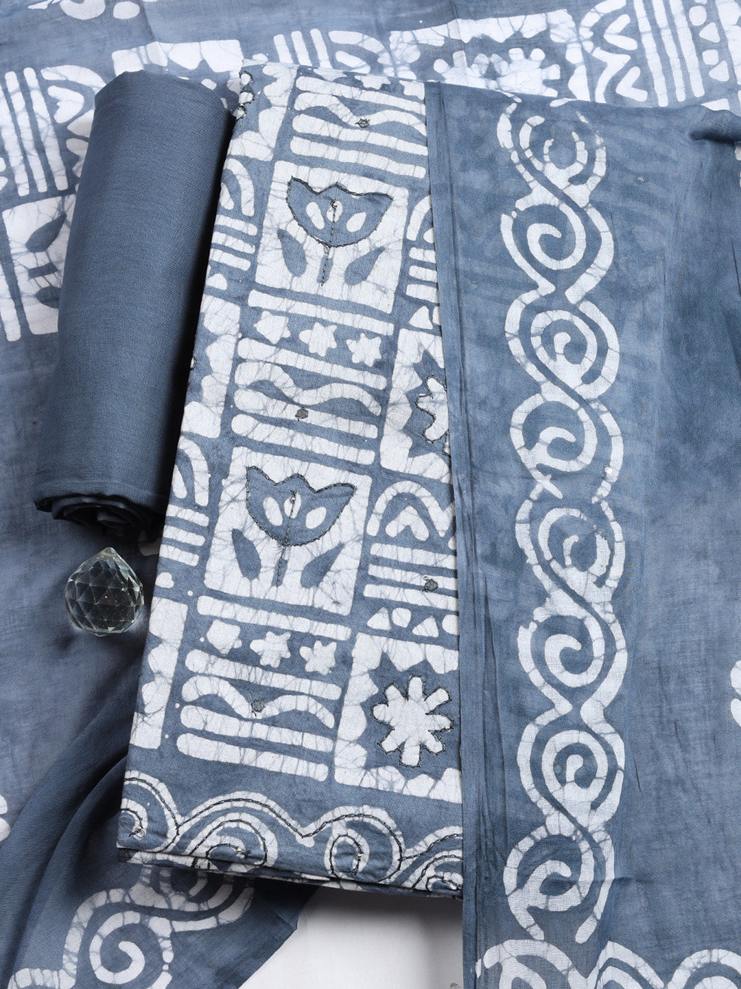 Printed Cotton Blend Unstitched Suit With Pant &amp; Dupatta