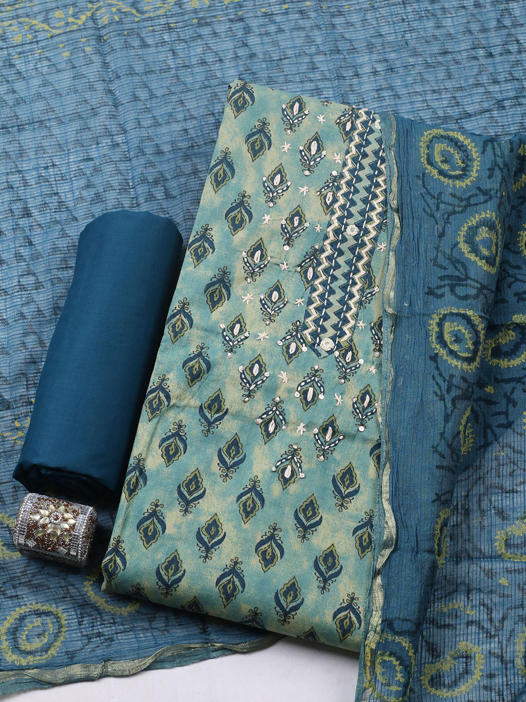 Printed Cotton Blend Unstitched Suit With Pant &amp; Dupatta