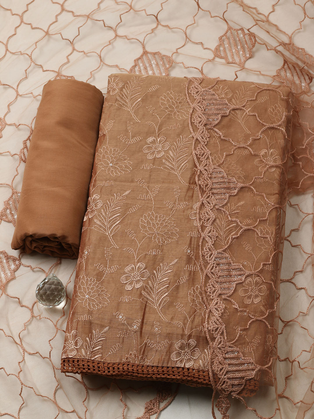 Embroidered Chanderi Unstitched Suit With Pant &amp; Dupatta