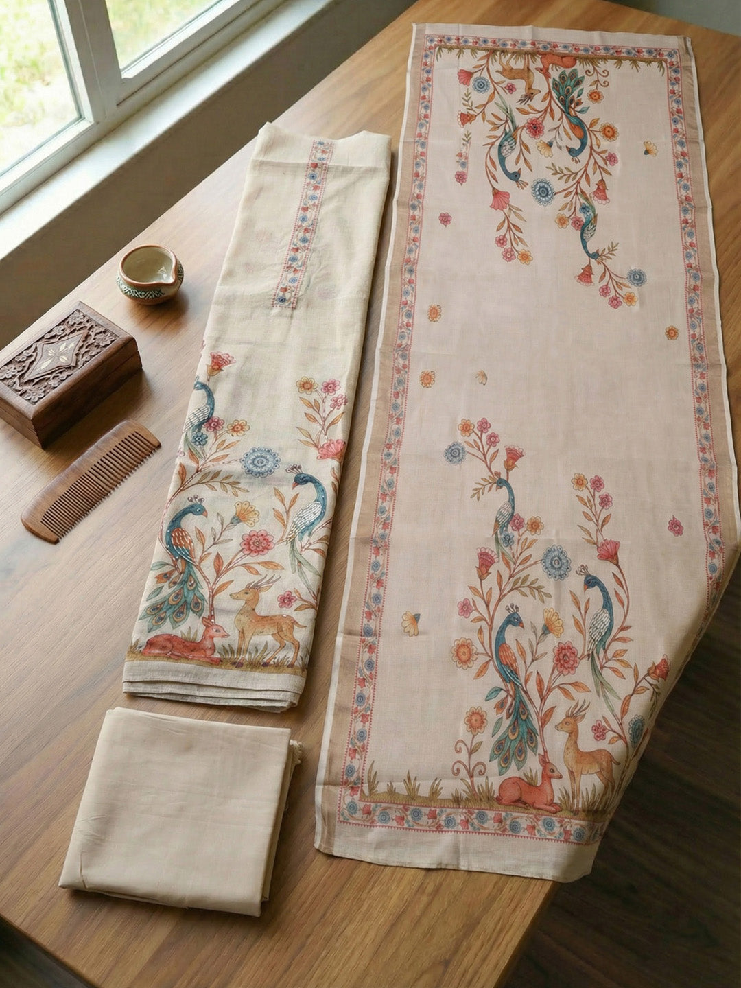 Printed Linen Blend Unstitched Suit With Pant &amp; Dupatta