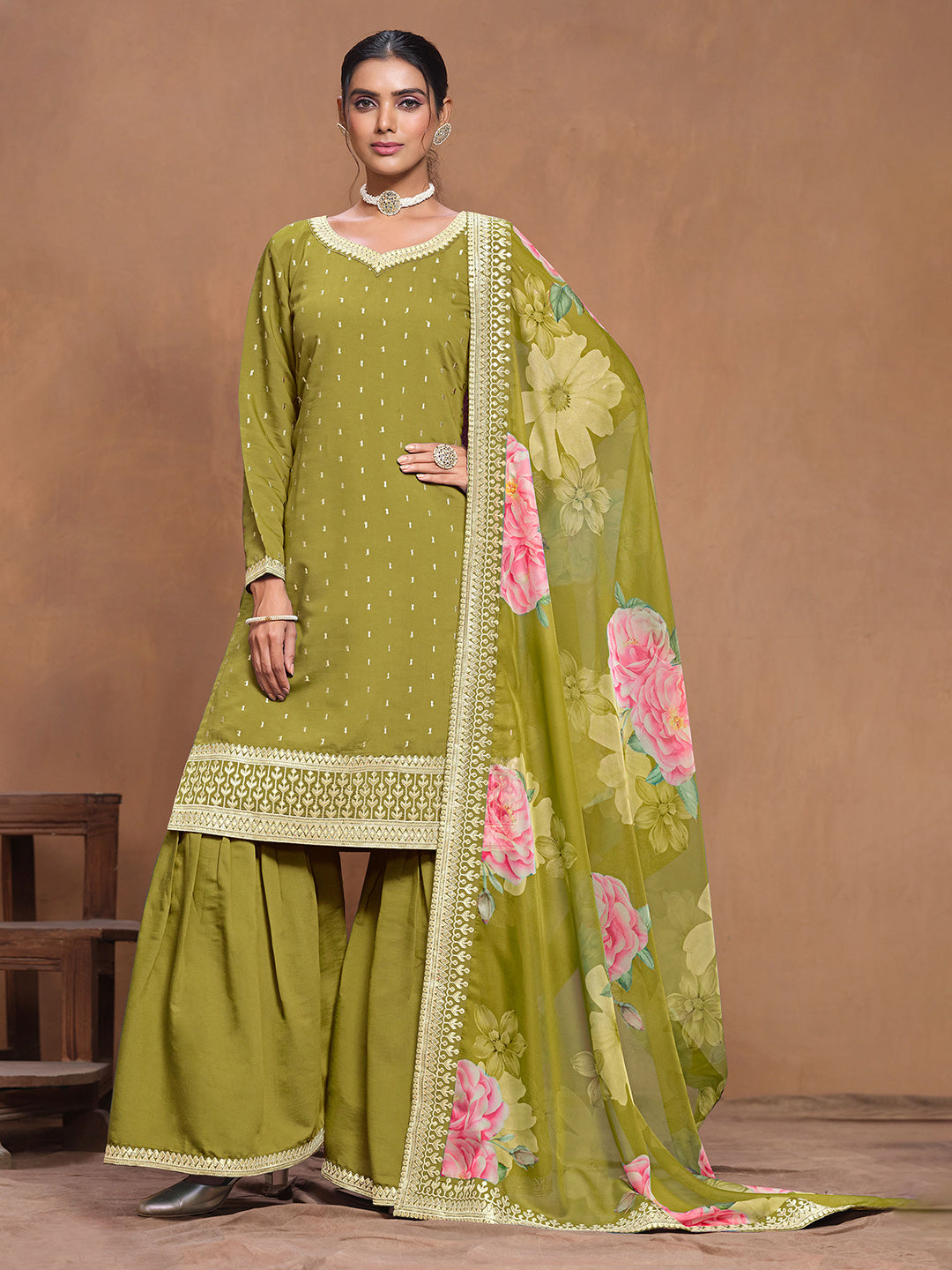 Embroidered Roman Silk Semi Stitched Kurta With Plazzo &amp; Dupatta