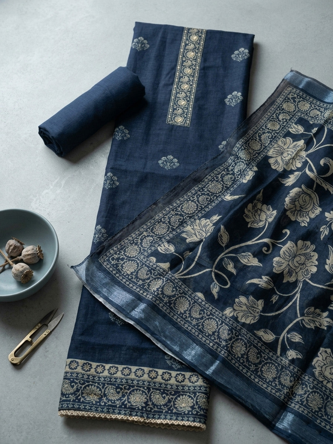 Embroidered Linen Blend Unstitched Suit With Pant &amp; Dupatta