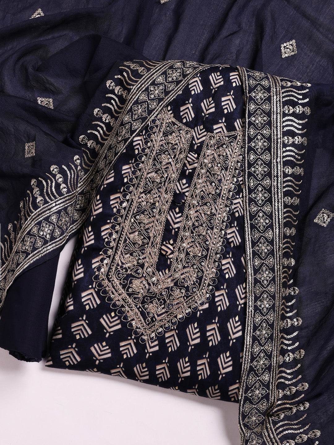 Neck Embroidered Cotton Blend Unstitched Suit With Dupatta