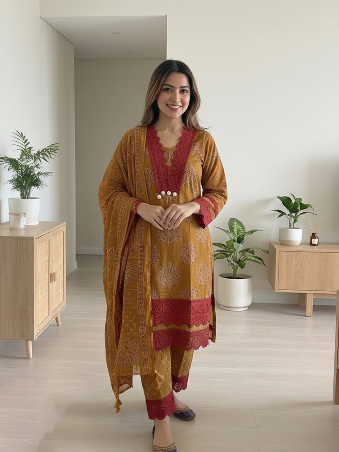 Embroidered Cotton Kurta With Pant &amp; Dupatta