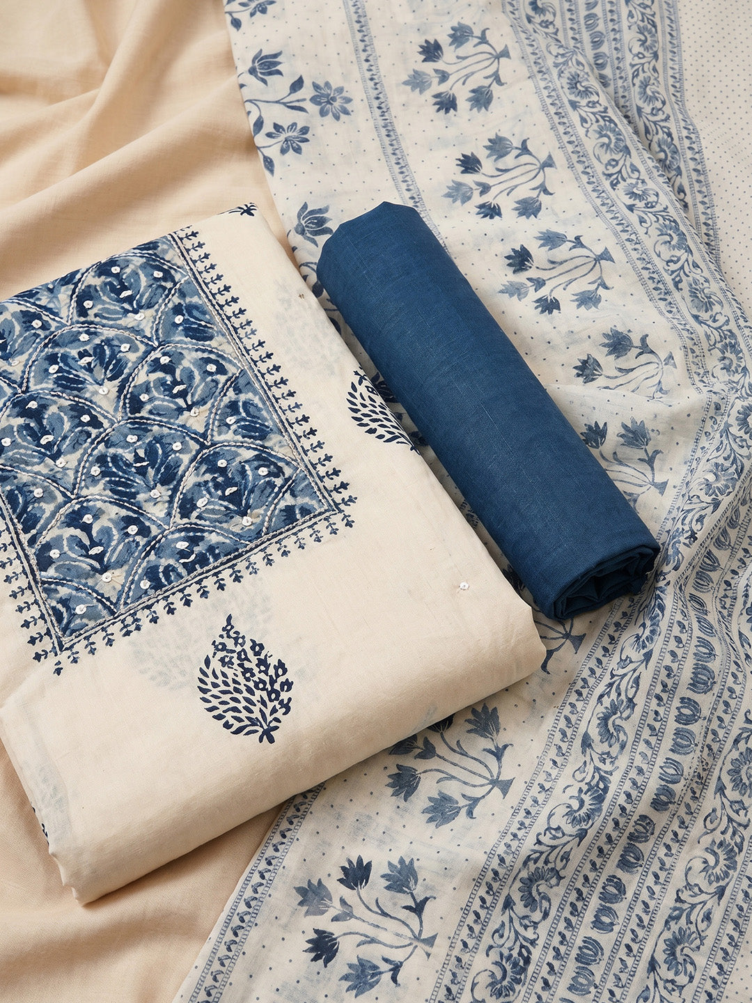 Printed Cotton Blend Unstitched Suit With Pant &amp; Dupatta