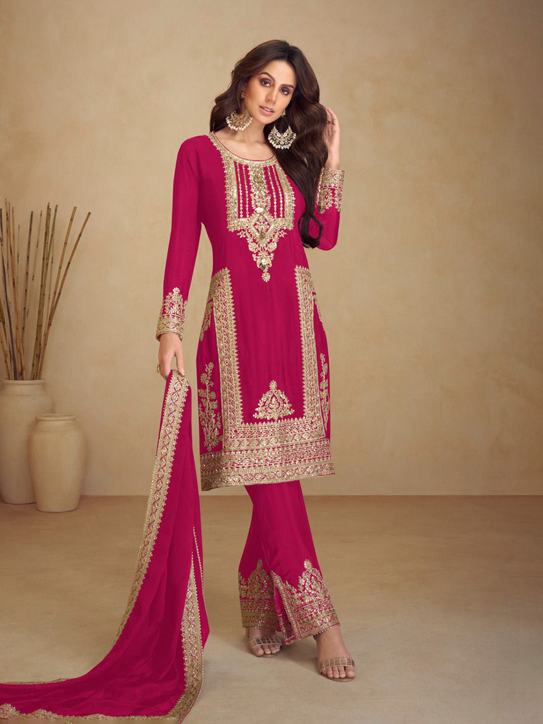 Embroidered Chinon Kurta With Pant &amp; Dupatta