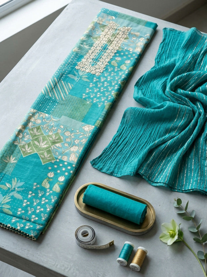 Embroidered Cotton Blend Unstitched Suit With Pant &amp; Dupatta