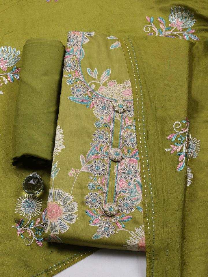 Embroidered Cotton Blend Unstitched Suit With Pant &amp; Dupatta