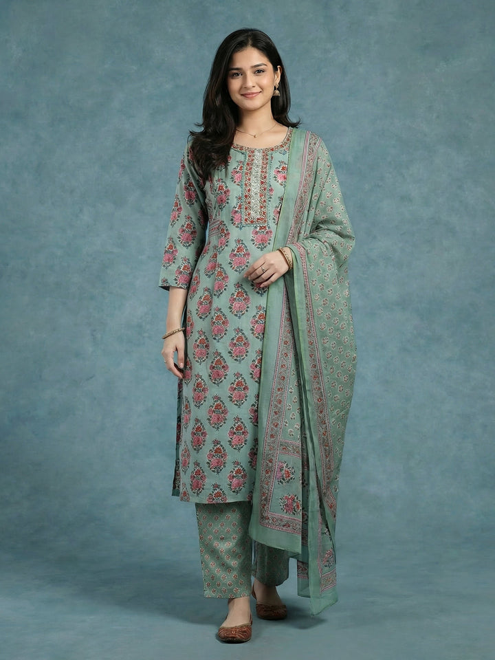 Printed Cotton Blend Kurta With Pant &amp; Dupatta