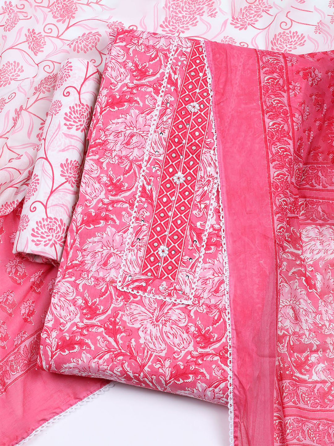 Printed Cotton Blend Unstitched Suit With Dupatta