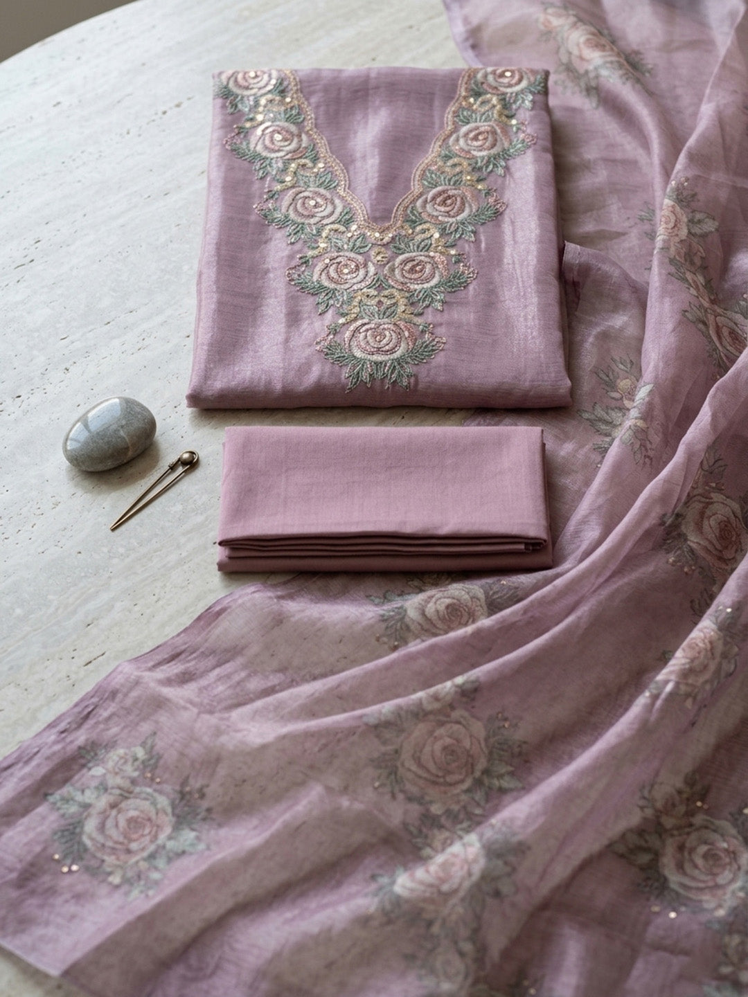 Embroidered Tissue Unstitched Suit With Pant &amp; Dupatta