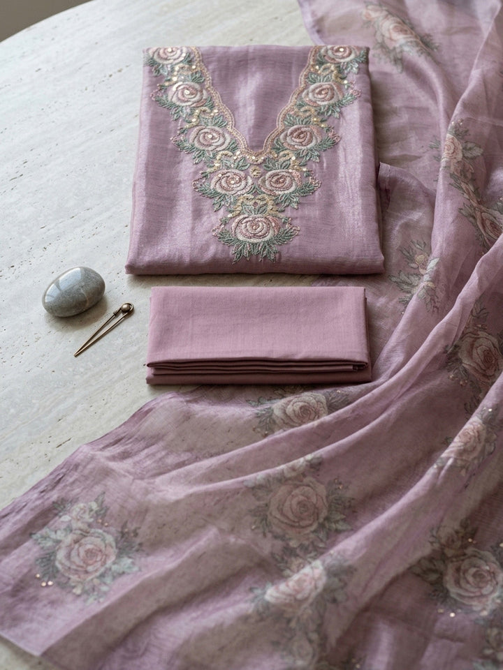 Embroidered Tissue Unstitched Suit With Pant &amp; Dupatta