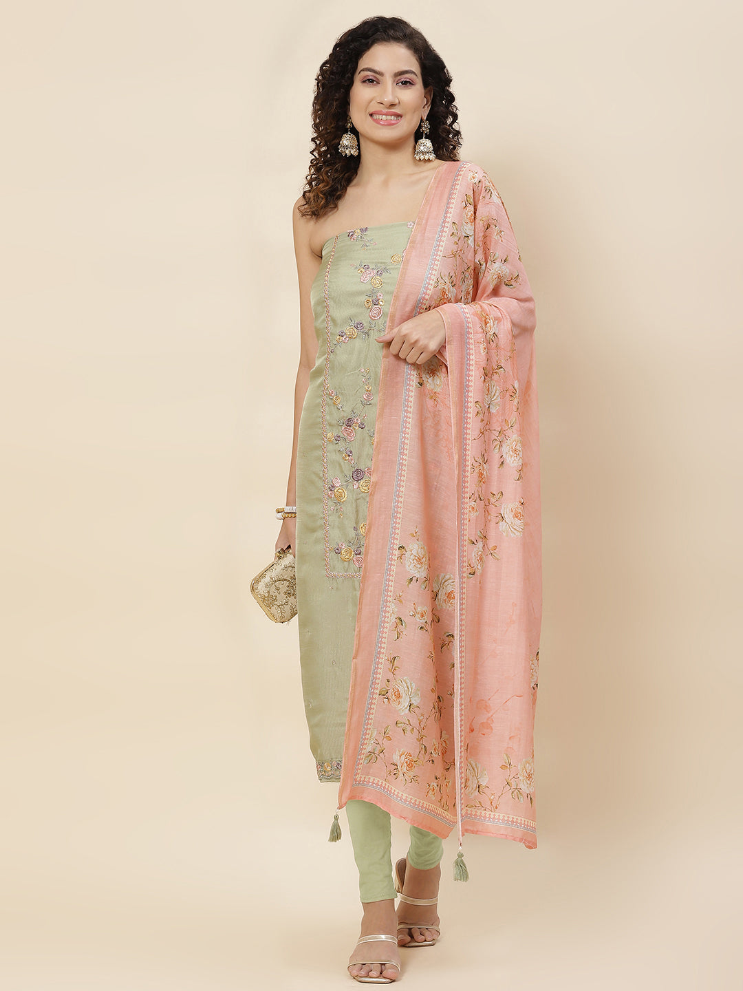 Neck Embroidered Handloom Unstitched Suit Piece With Dupatta