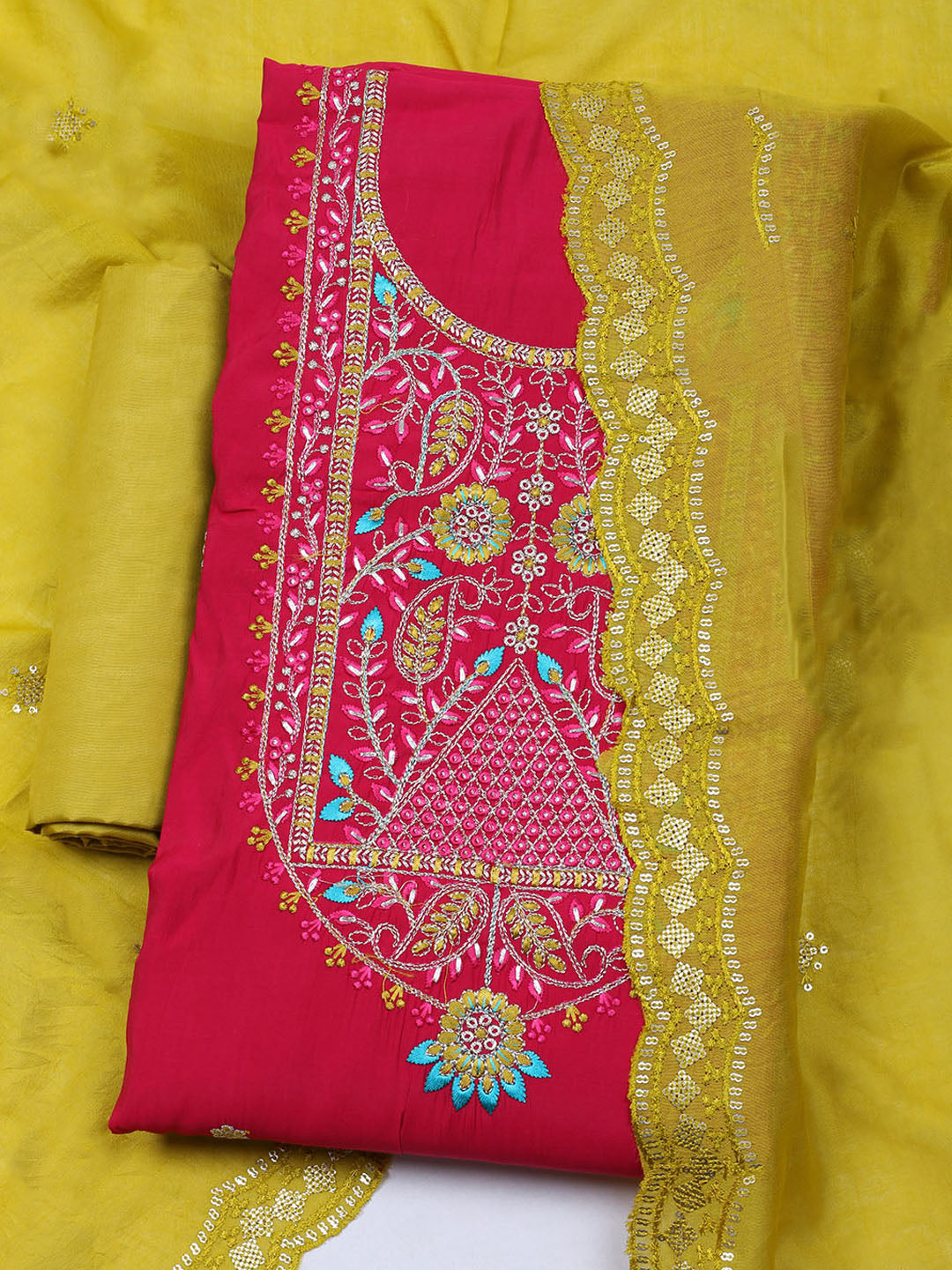 Embroidered Chanderi Unstitched Suit With Dupatta