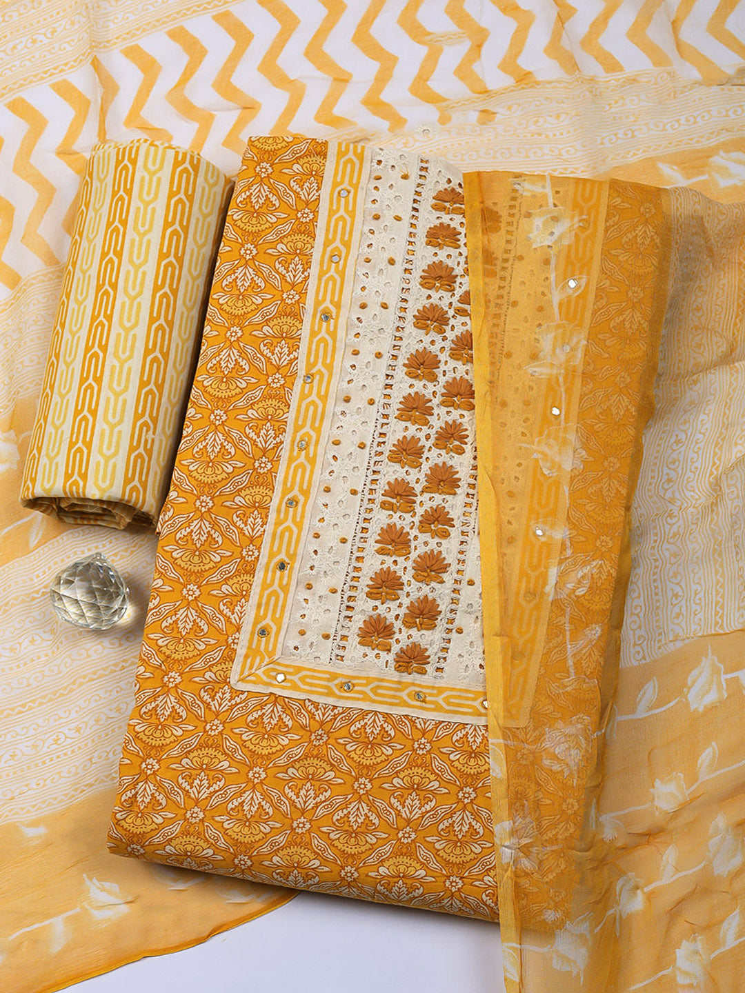 Embroidered Cotton Blend Unstitched Suit With Pant &amp; Dupatta