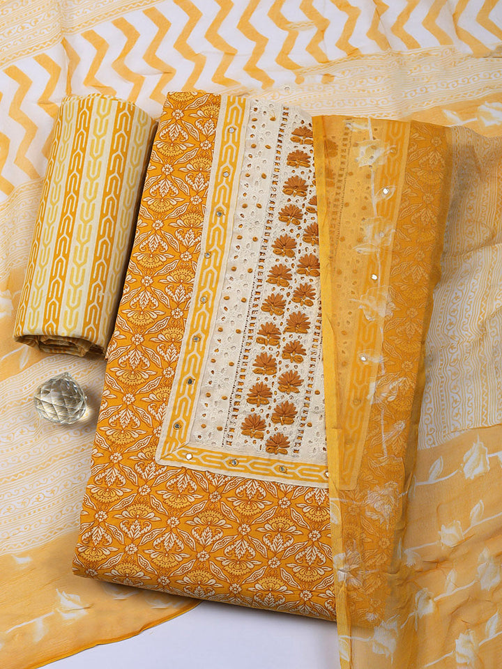 Embroidered Cotton Blend Unstitched Suit With Pant &amp; Dupatta