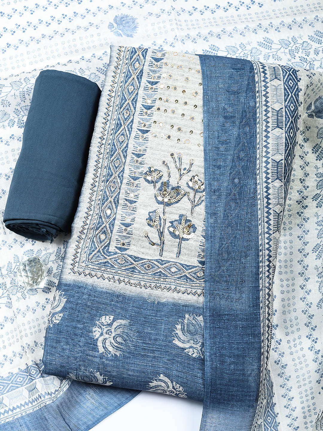 Embroidered Cotton Blend Unstitched Suit With Pant &amp; Dupatta