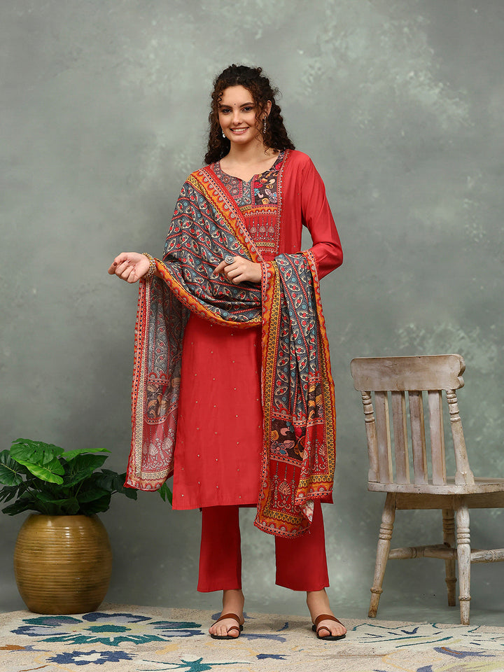 Printed Cotton Blend Kurta With Pants &amp; Dupatta
