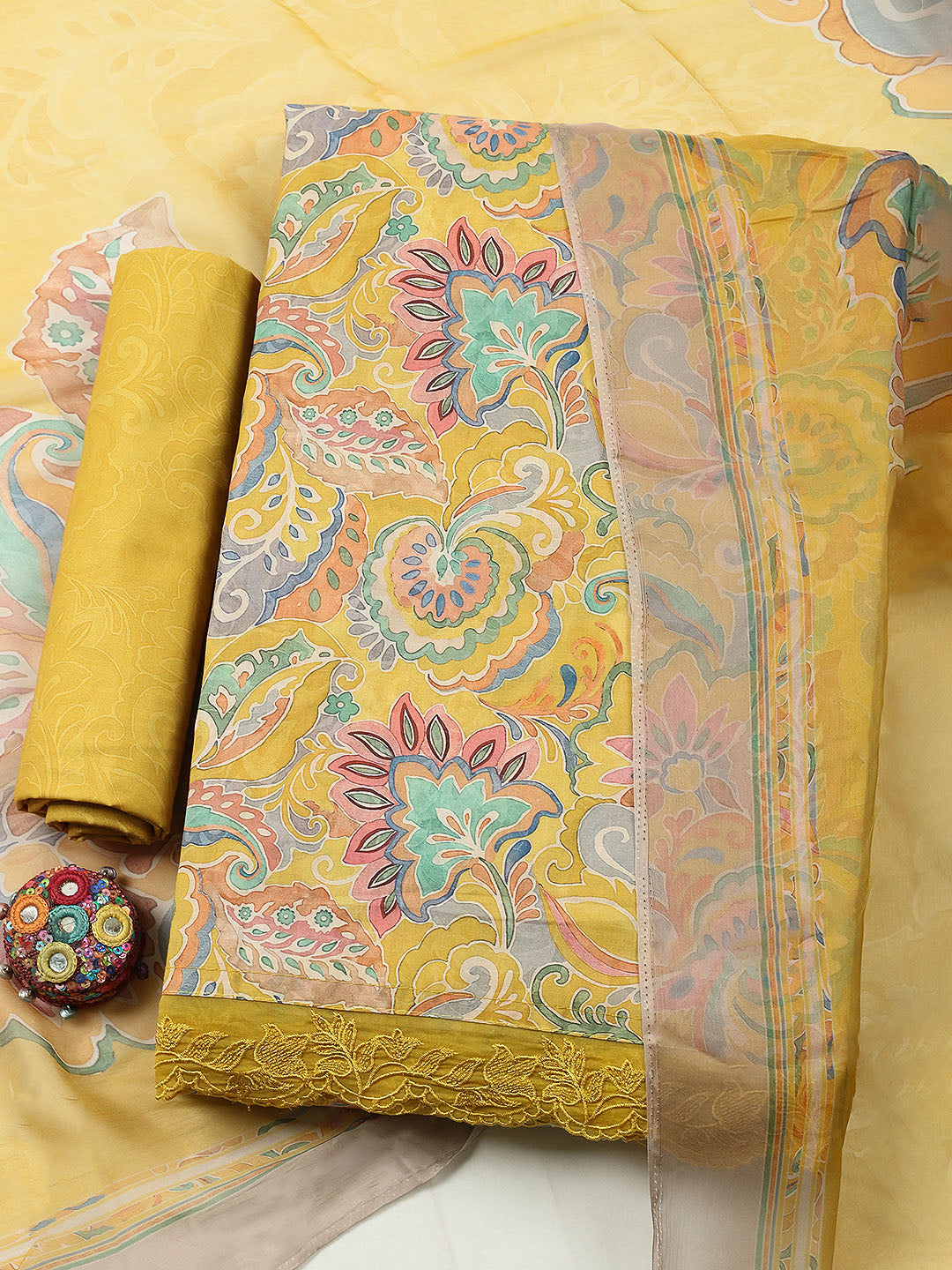 Embroidered Cotton Blend Unstitched Suit With Pant &amp; Dupatta