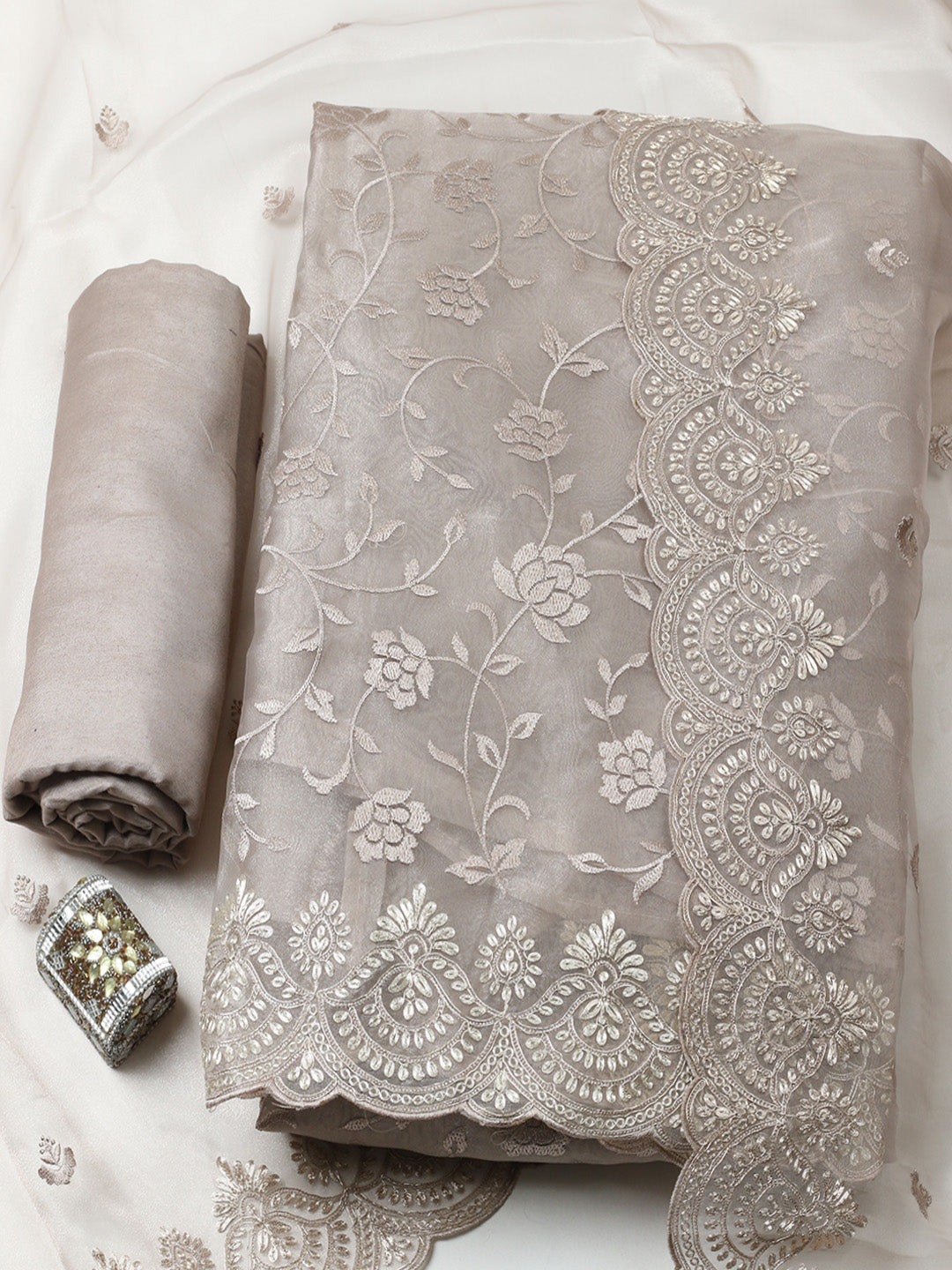 Embroidered Tissue Unstitched Suit With Pant &amp; Dupatta