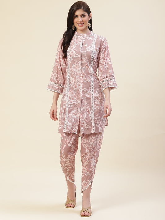 Floral Printed Cotton Kurta With Dhoti Pants