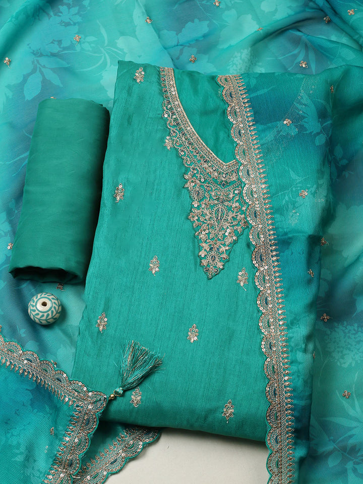 Embroidered Art Silk Unstitched Suit With Pant &amp; Dupatta