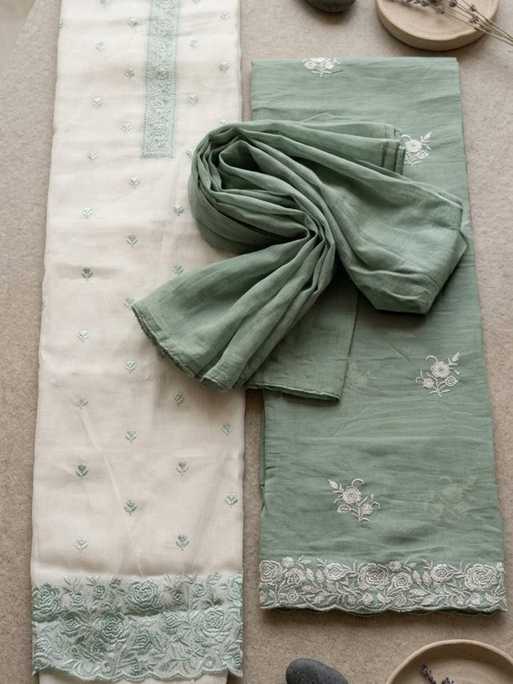 Embroidered Chanderi Unstitched Suit With Pant &amp; Dupatta