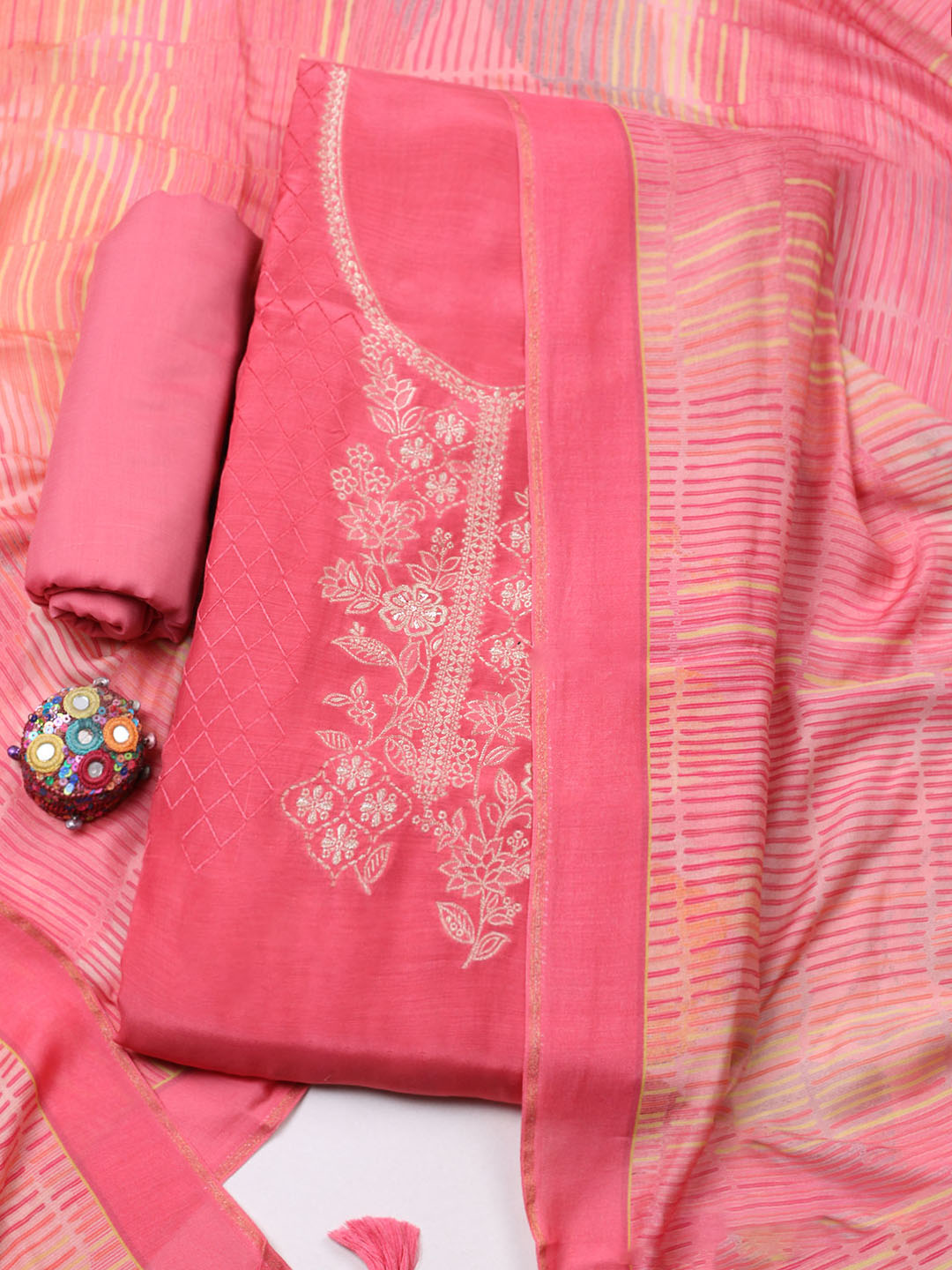 Embroidered Art Silk Unstitched Suit With Pant &amp; Dupatta