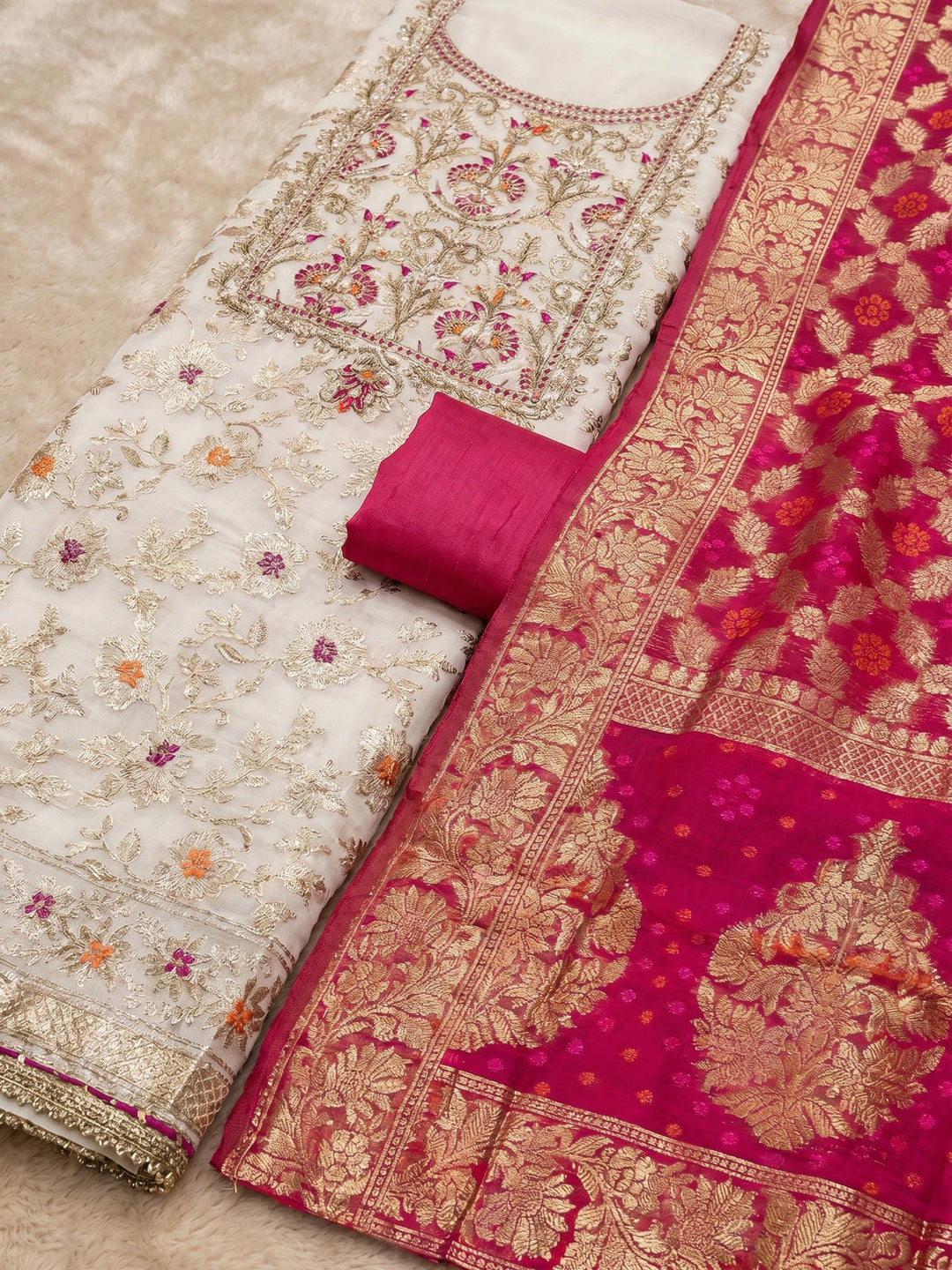 Neck Embroidered Chanderi Unstitched Suit With Dupatta