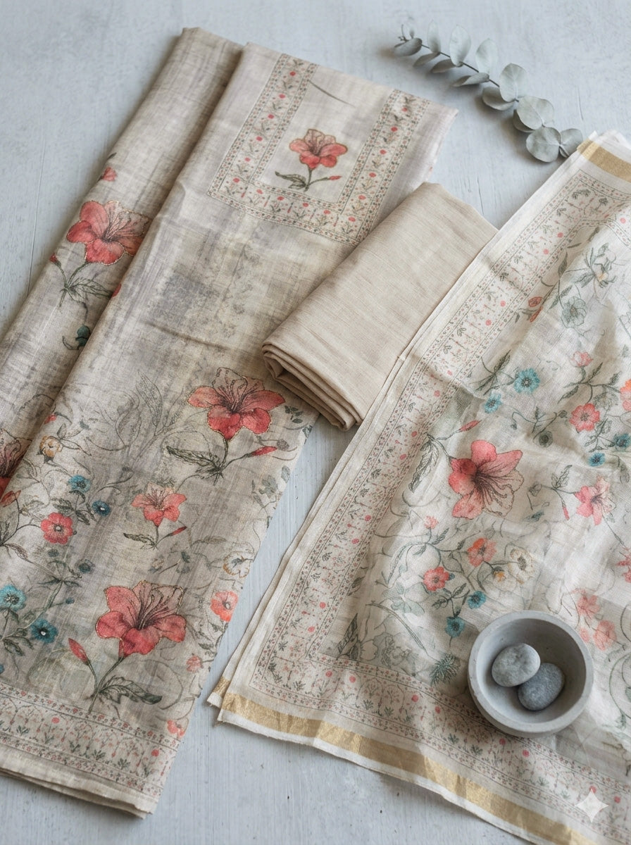Printed Linen Blend Unstitched Suit With Pant &amp; Dupatta