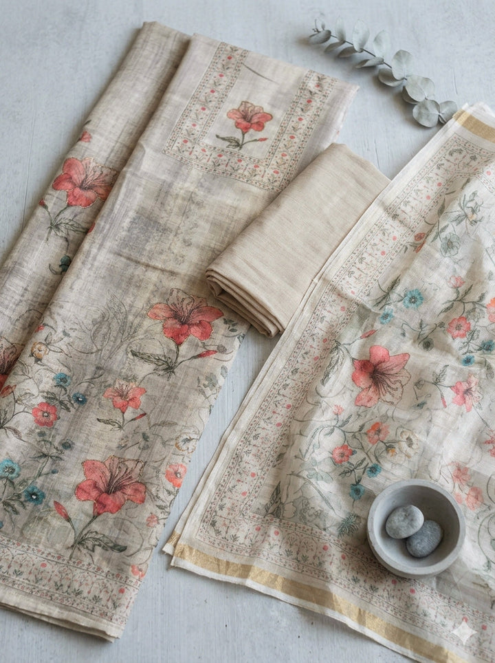 Printed Linen Blend Unstitched Suit With Pant &amp; Dupatta