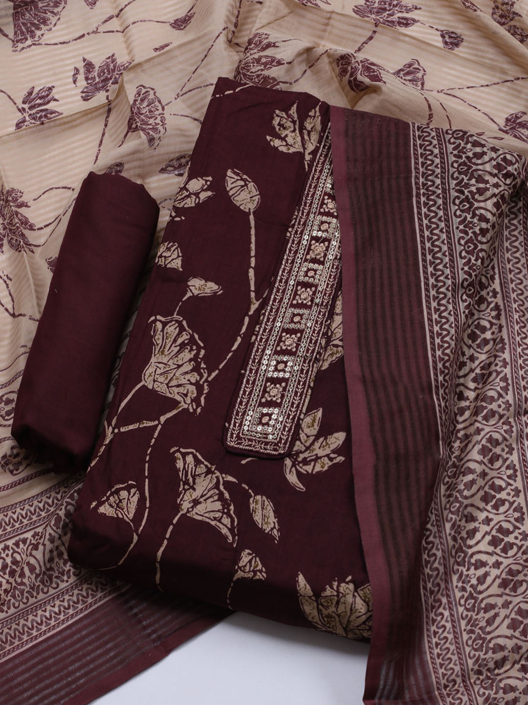 Patch Neck Cotton Blend Unstitched Suit With Dupatta