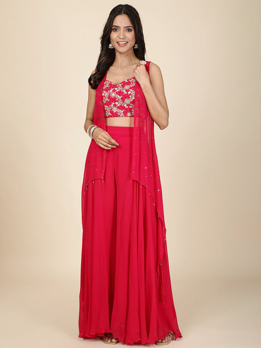 Resham Embroidery Georgette Crop Top With Sharara & Shrug