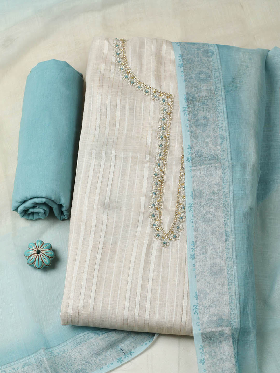 Embroidered Cotton Blend Unstitched Suit With Pant &amp; Dupatta