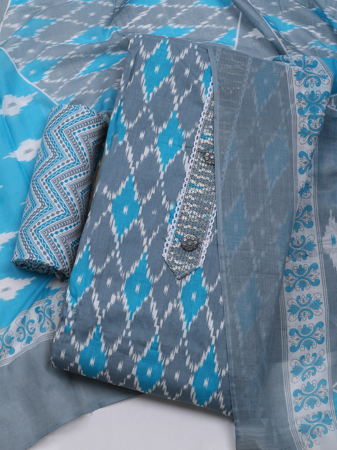 Printed Cotton Blend Unstitched Suit With Dupatta