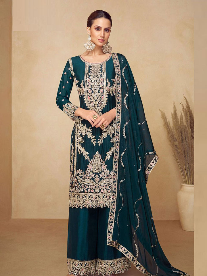 Embroidered Chinnon Kurta With Plazzo &amp; Dupatta