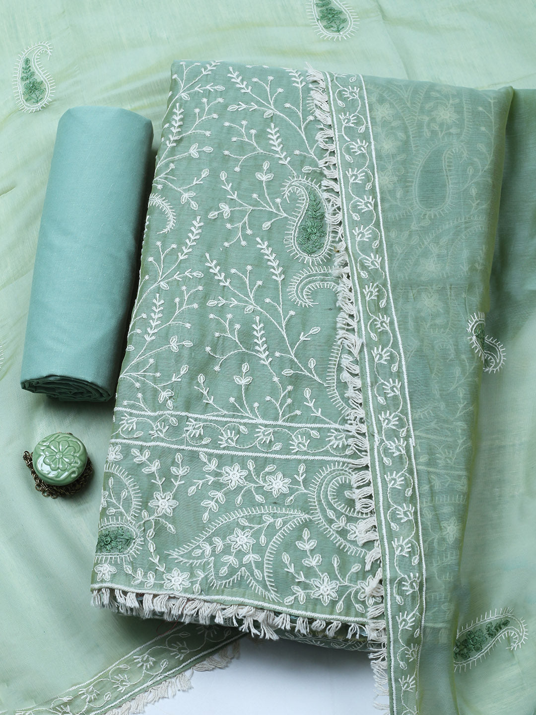 Embroidered Cotton Blend Unstitched Suit With Pant &amp; Dupatta