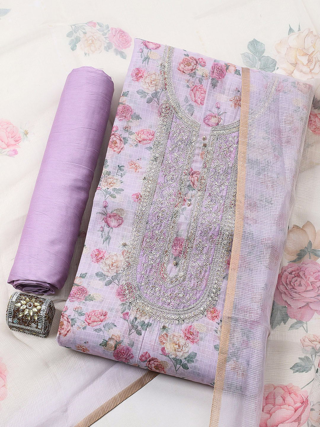 Embroidered Cotton Blend Unstitched Suit With Pant &amp; Dupatta