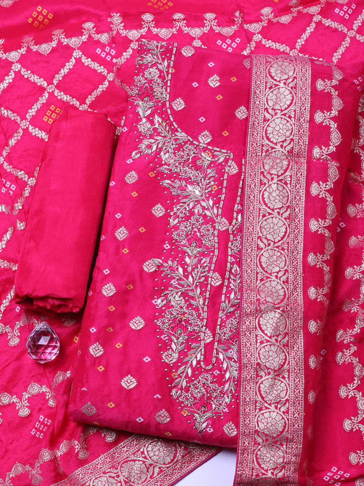 Embroidered Chanderi Unstitched Suit With Pant &amp; Dupatta