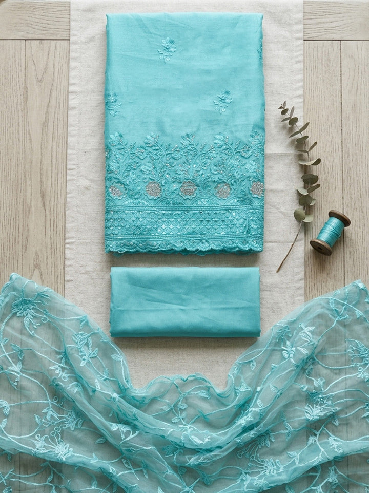 Embroidered Chanderi Unstitched Suit With Pant &amp; Dupatta
