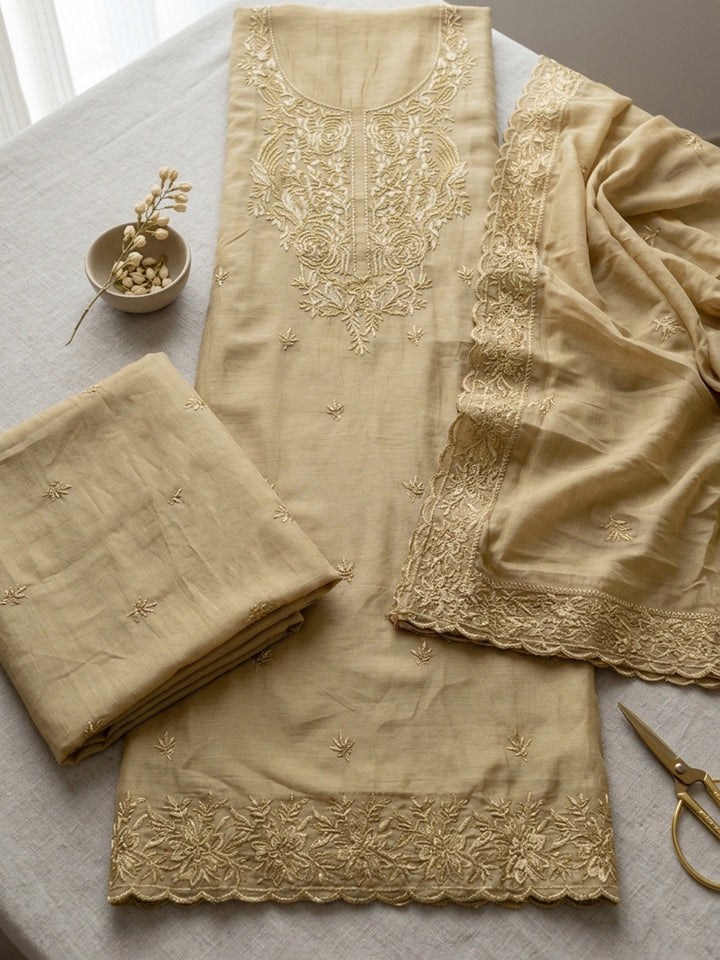 Embroidered Chanderi Unstitched Suit With Pant &amp; Dupatta