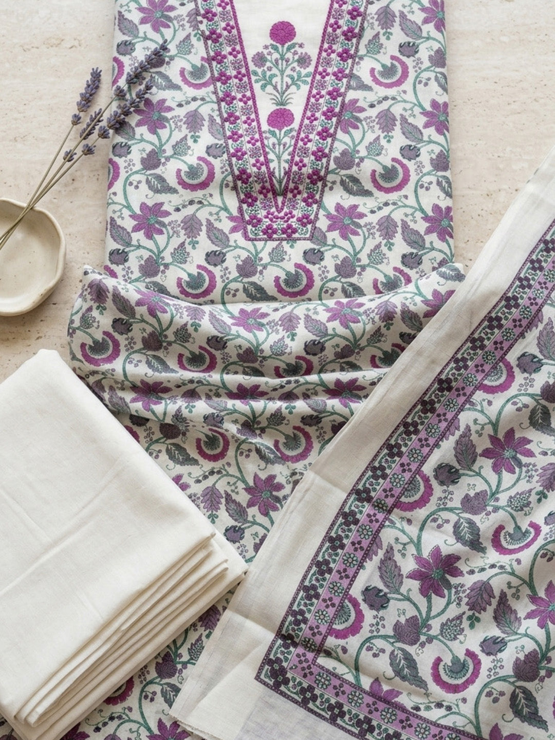 Embroidered Cotton Blend Unstitched Suit With Pant &amp; Dupatta