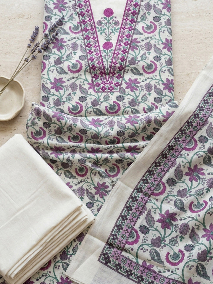 Embroidered Cotton Blend Unstitched Suit With Pant &amp; Dupatta