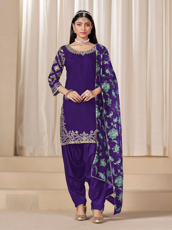 Embroidered Art Silk Semi Stitched Kurta With Patiala Salwar &amp; Dupatta