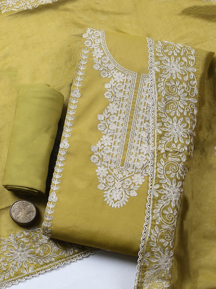 Embroidered Chanderi Unstitched Suit With Pant &amp; Dupatta