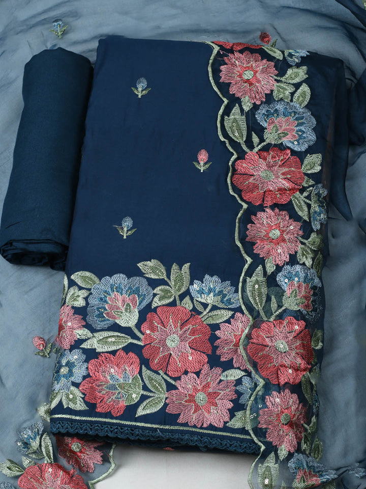 Embroidered Chanderi Unstitched Suit With Pant &amp; Dupatta